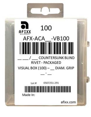AFX-ACA43-VB100 Aluminum/Aluminum 1/8" Open End Countersunk - Visual Box